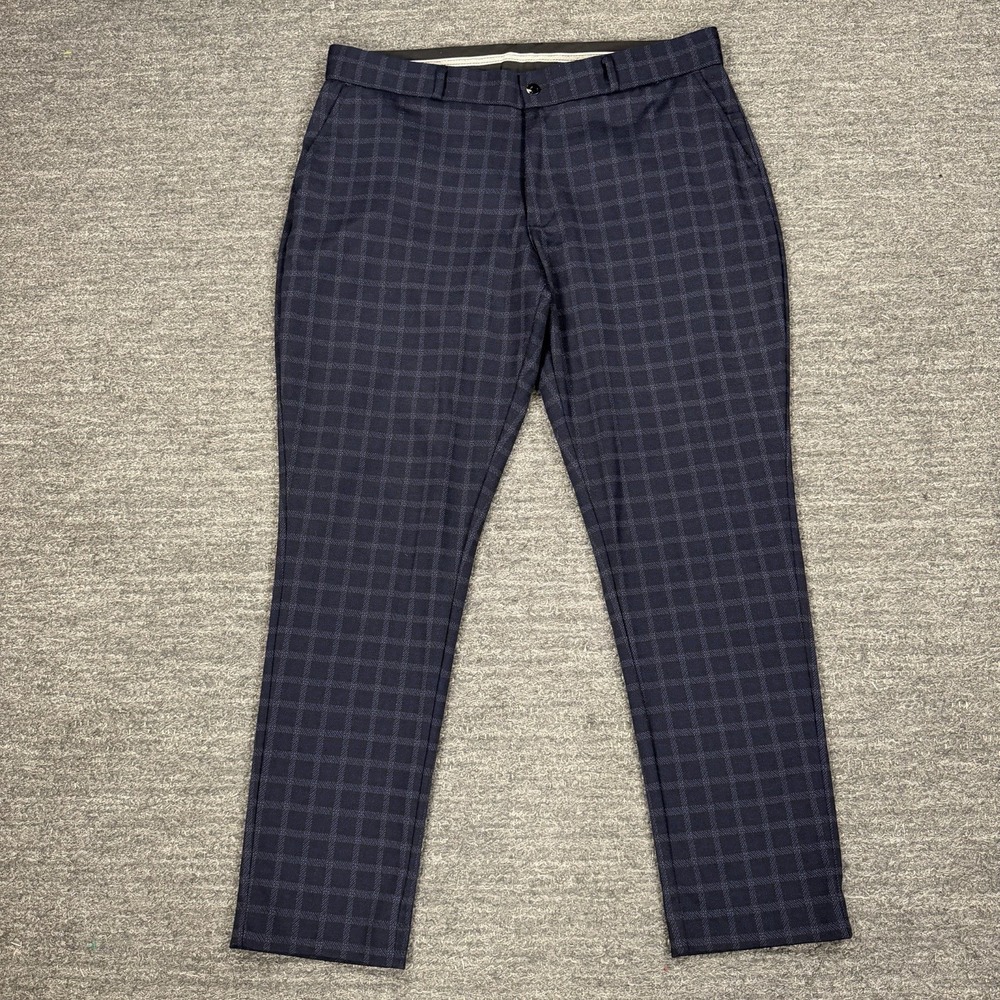 State and Liberty Pants Men 38X30 Blue Plaid Athletic Fit Wool Blend Stretch
